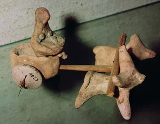 紀元前3000年〜1500年のパキスタン、インダス渓谷のモヘンジョダロから2頭の雄牛が引いたカートのモデル